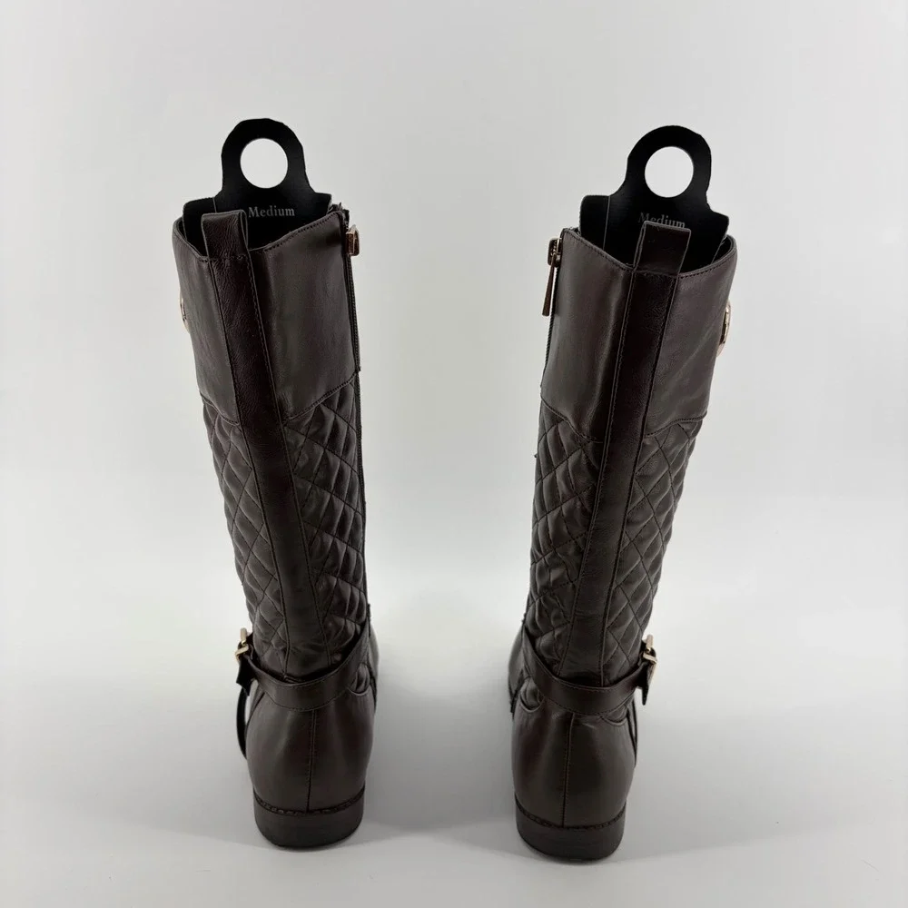 Michael Kors Girls Brown Quilted Riding Boots Gold Buckle‎ MK Logo Size 4